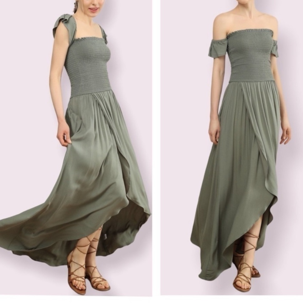 Young Fabulous & Broke Frida Green Smocked Off The Shoulder Maxi Dress Small